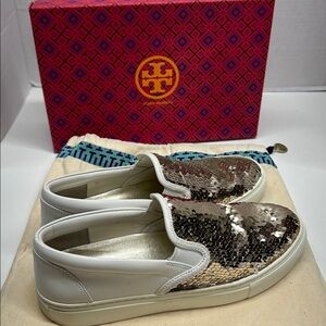 Tory Burch Carter Slip On Sequined Sneakers Shoes Reversible White Gold Size 8